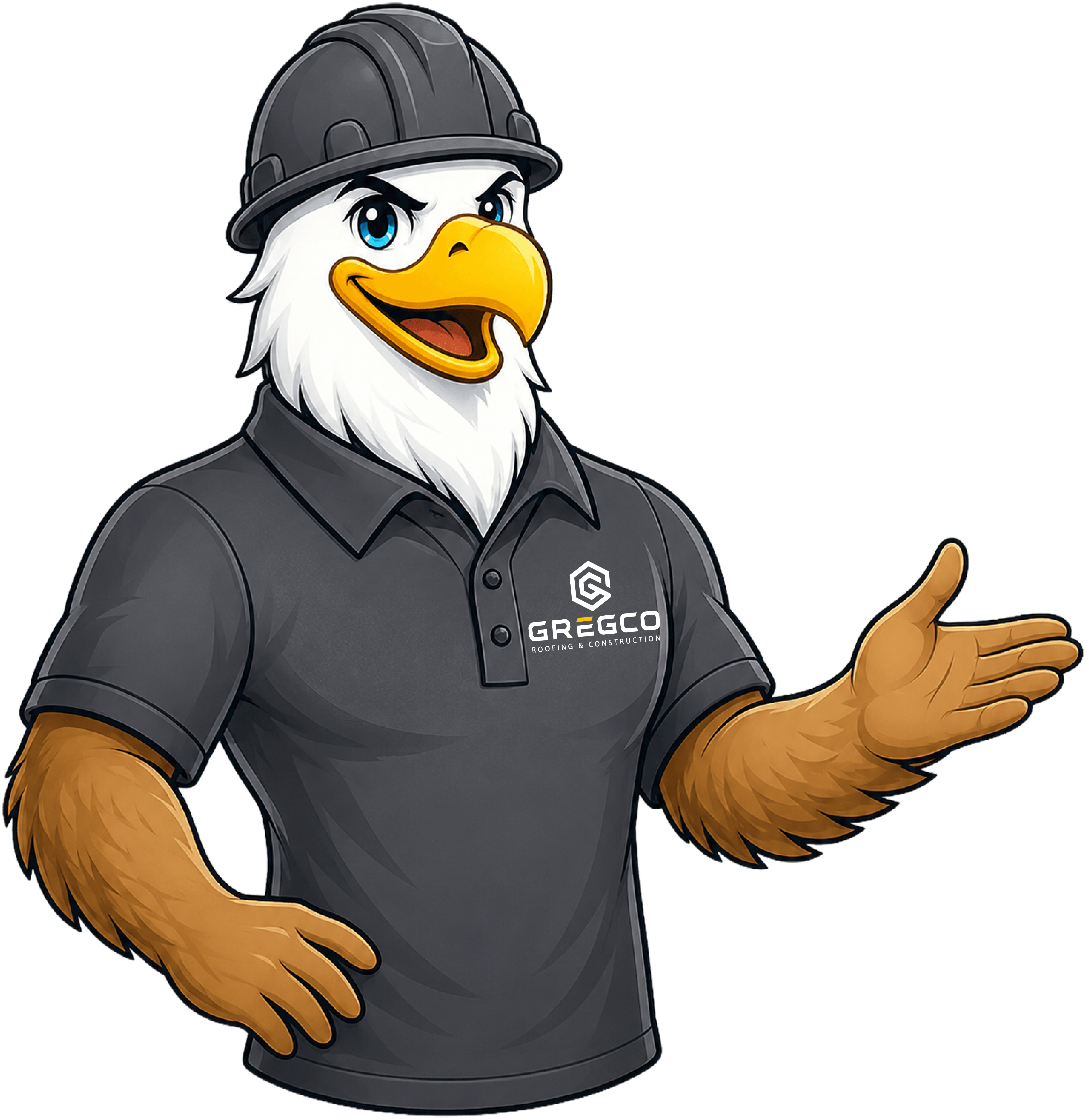 Gregco Roofing & Construction mascot helping property owners choose a next step