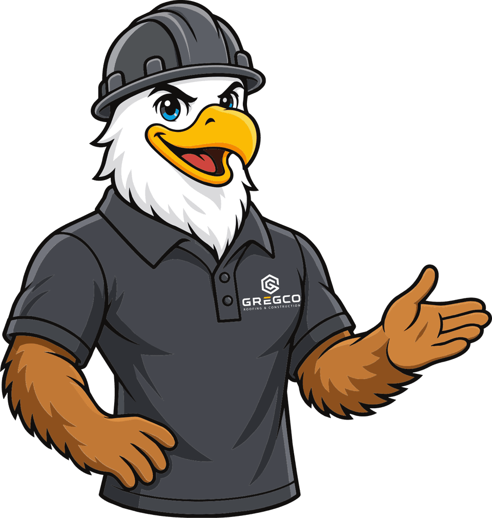 Gregco Roofing & Construction mascot helping property owners choose a next step