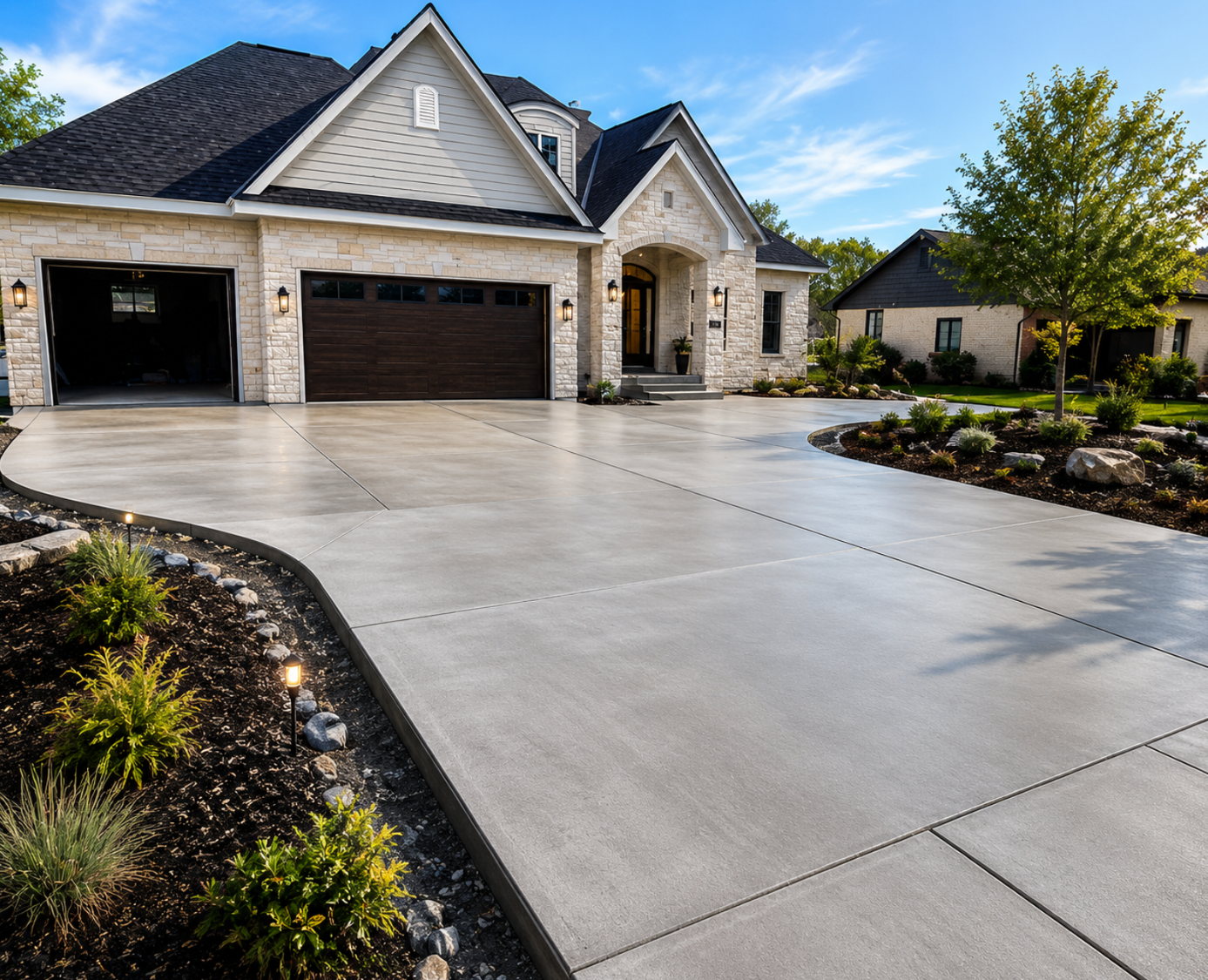 Finished residential concrete driveway with cut control joints