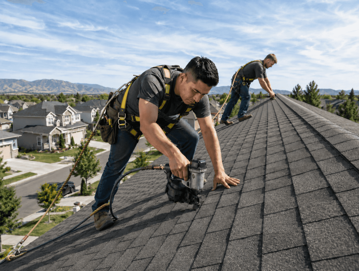 Gregco roofing crew working on an asphalt shingle roof