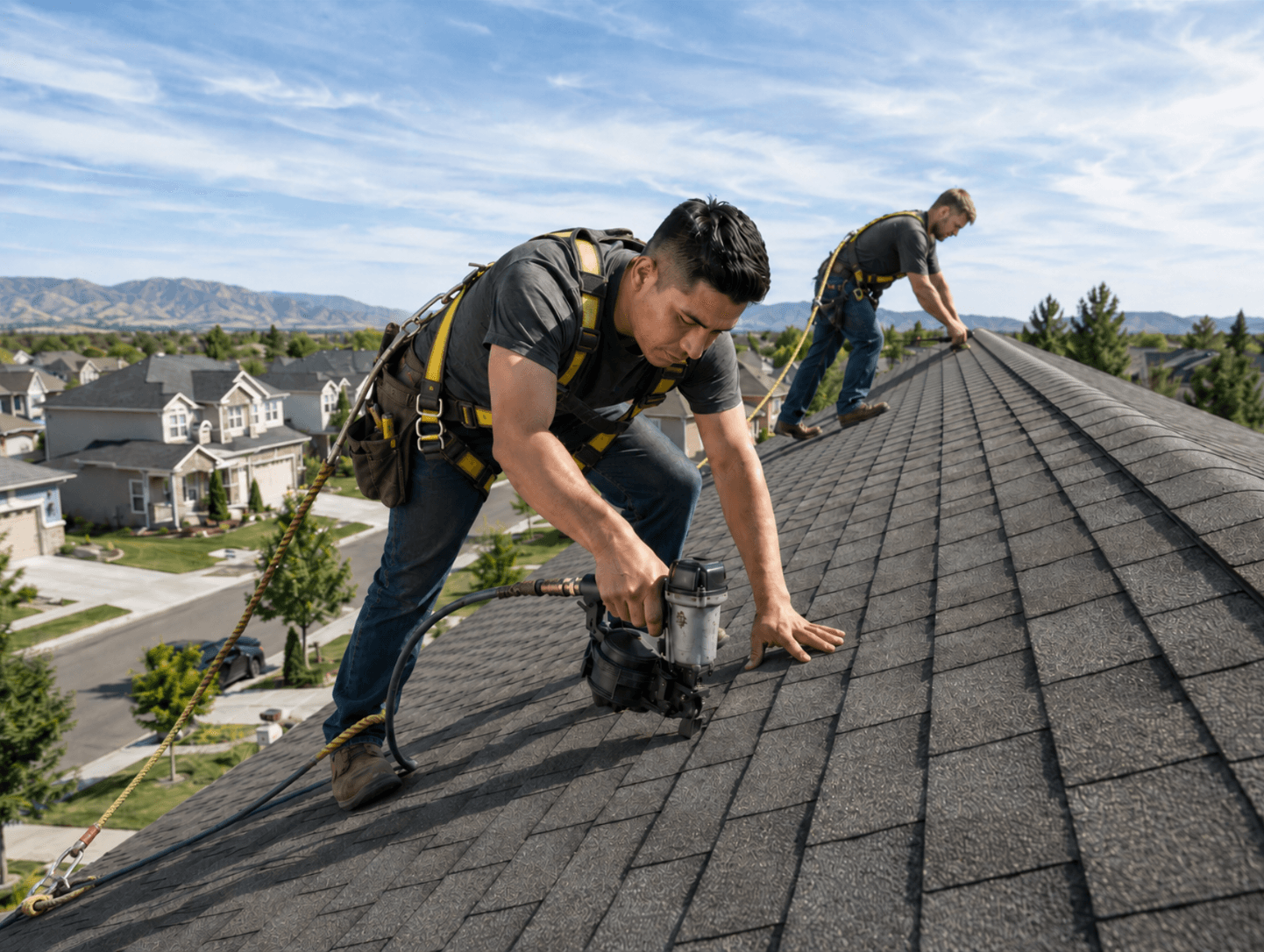 Gregco roofing crew working on an asphalt shingle roof