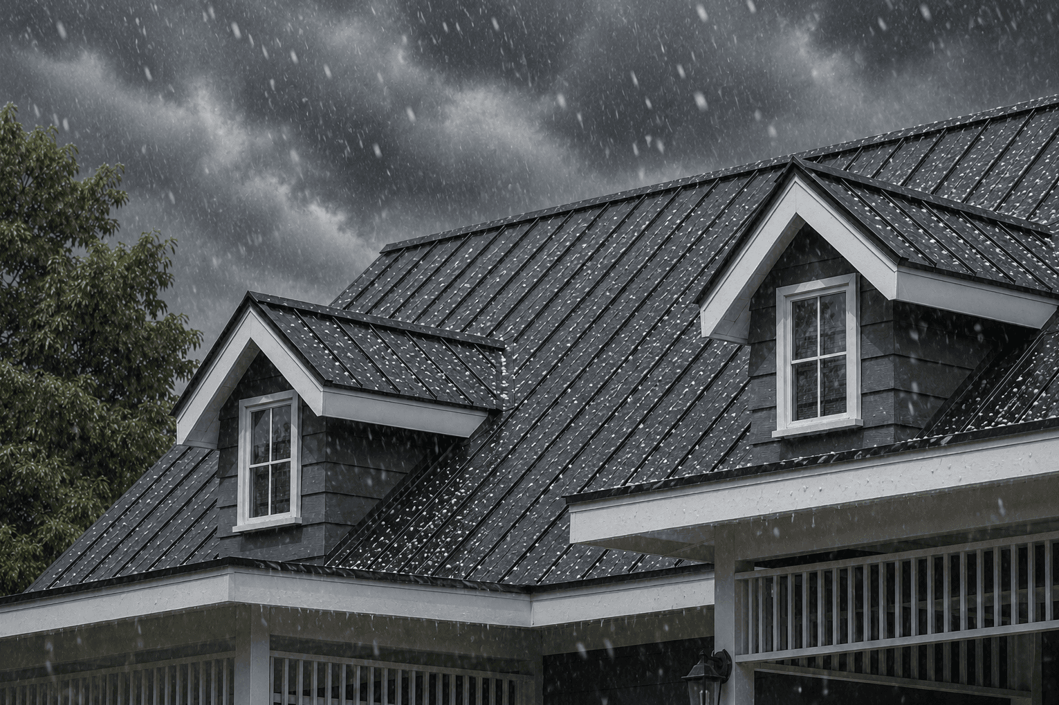Hail falling over a metal roof