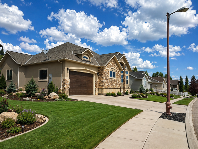 Finished home with a stone exterior and dark asphalt shingle roof