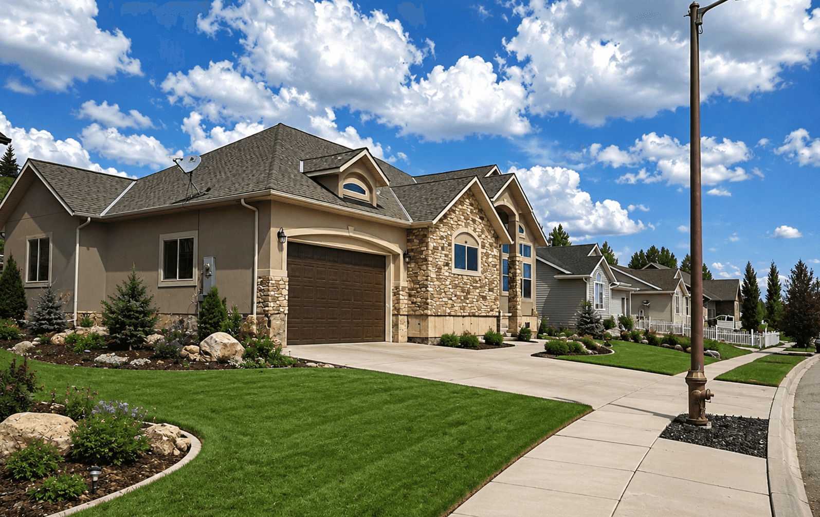 Finished home with a stone exterior and dark asphalt shingle roof