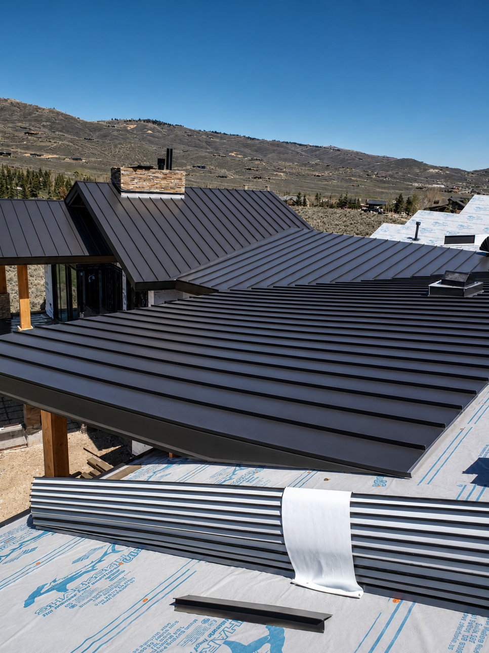 Standing-seam metal roof panels during installation