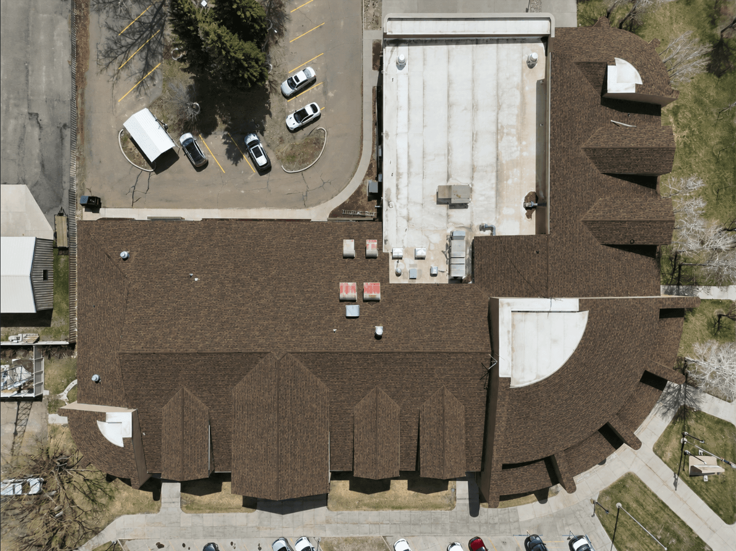 Aerial view of public building roofing systems in Lyman