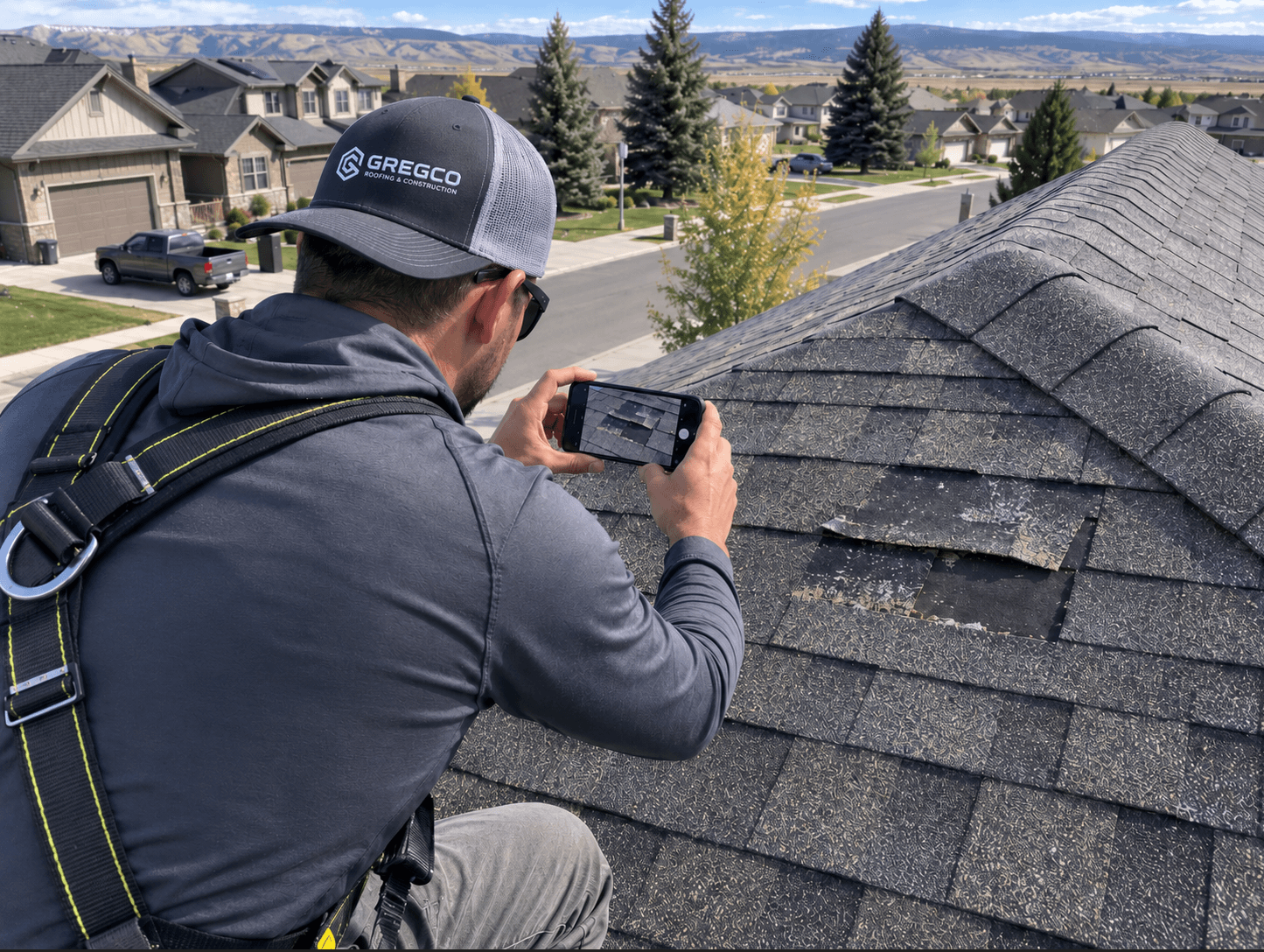 Roof inspector documenting visible roof conditions